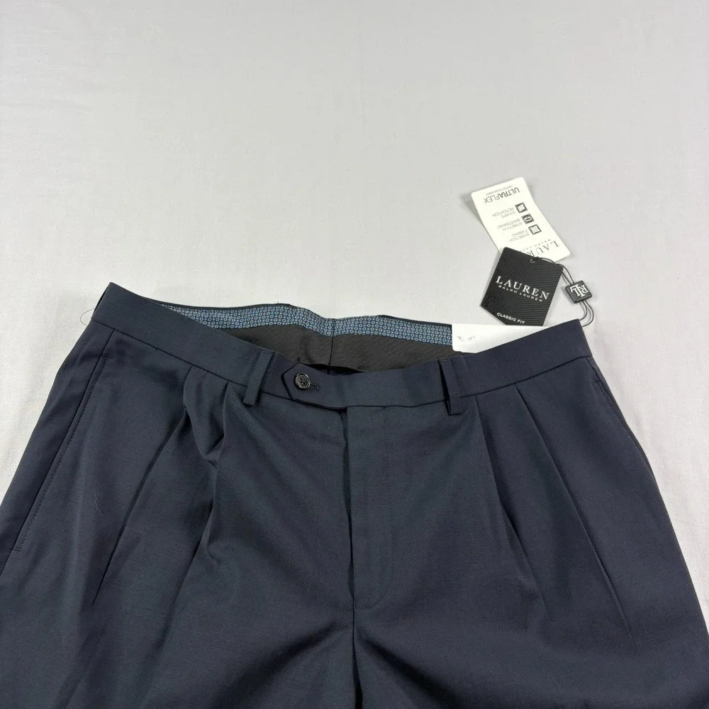 Lauren Ralph Lauren Dress Pants Men 34x30 Blue High Performance Wool Pleated NEW